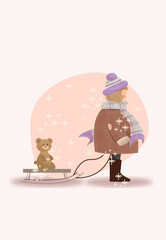 
girl with sled and plush toy