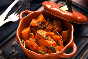 Pot with tasty roasted pumpkin on table, closeup