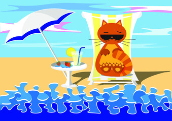cat on the beach. Vector illustration for tourism advertising