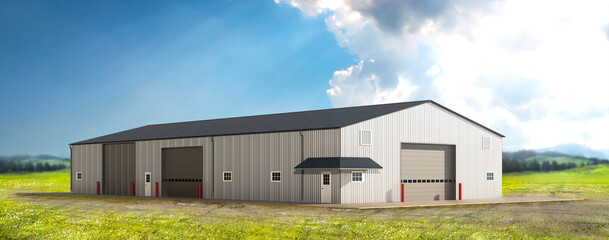 Hangar. A building in the valley. Farm building. 3d illustration - obrazy, fototapety, plakaty
