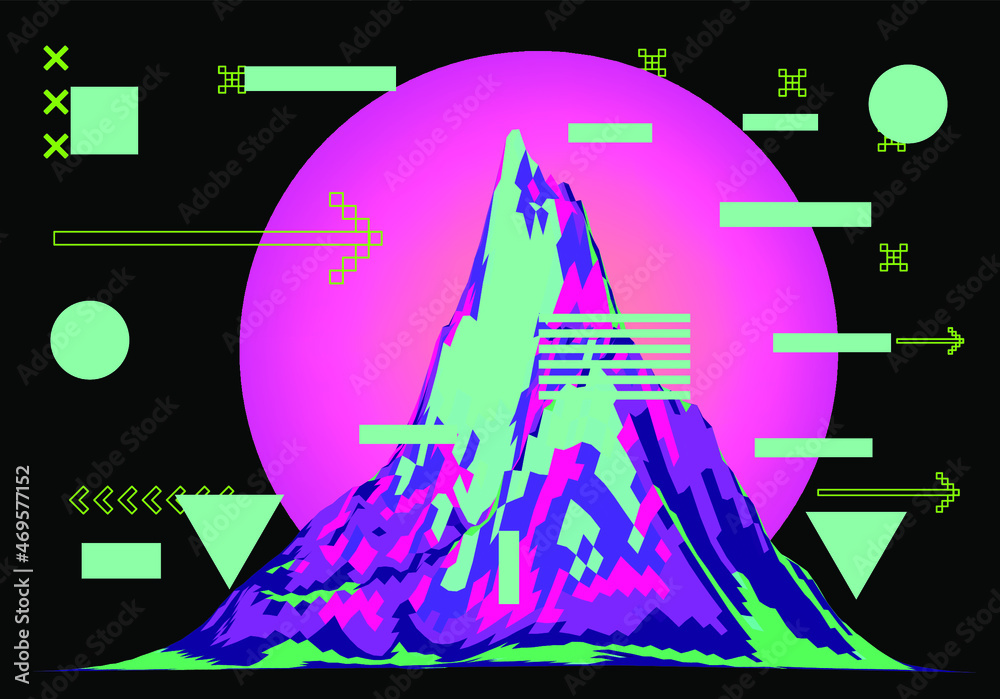 Aufkleber sci-fi landscape with 3d mountain terrain in retrofuturistic synthwave style.