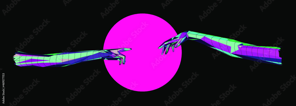 Poster vector 3d model of hands going to touch together, reminiscent of michelangelo's artwork. cyberpunk a