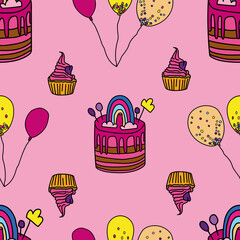 Vector Pink Big Party with cakes and balloons seamless background pattern