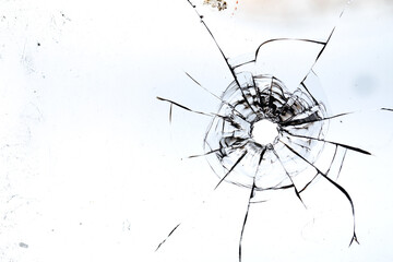 Black cracks from kulsi in glass on a white background. Macro.