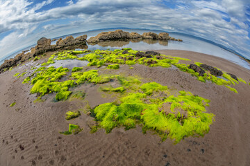 Fototapeta na wymiar Fisheye image of the coastline at the west side of the Isle of Arran, Scotland, United Kingdom