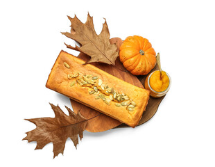 Wooden board with fresh pumpkin pie on white background