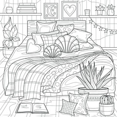 Boho style bedroom. Interior.Coloring book antistress for children and adults. Illustration isolated on white background.Zen-tangle style. Hand draw