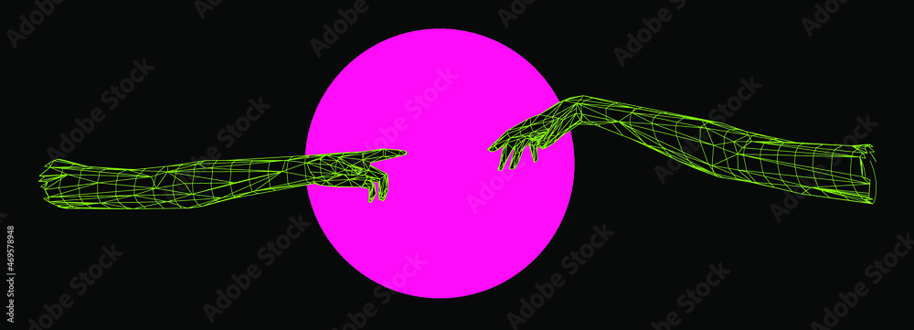 Poster vector 3d model of hands going to touch together, reminiscent of michelangelo's artwork. cyberpunk a