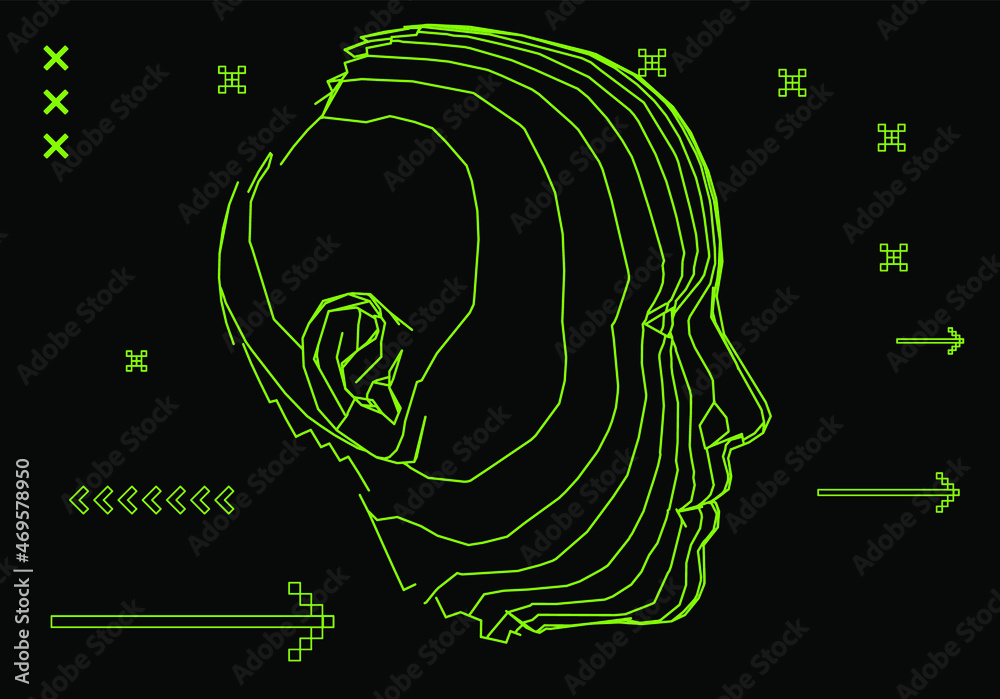 Poster 3D wireframe model of a human head. Concept for Machine Learning, Artificial intelligence and Robotics themes.