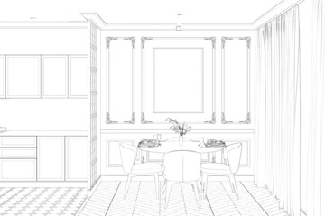 Sketch of the modern classic kitchen and dining room with the blank vertical poster above the round dining table, a wall with classic moldings, kitchen cabinets. 3d render