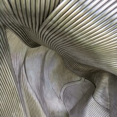 Close-up of aluminum metal structure that forms waves and reflects light and shadows in its own perspective.