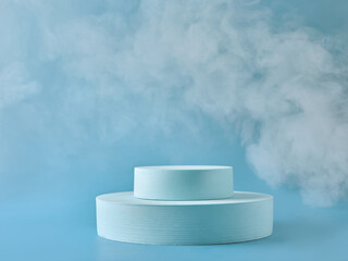 Blue podium with smoke on background