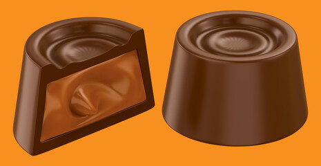 Chocolate pieces with caramel filling. Isolated on white background. Clipping path. Design element. 3d illustration.