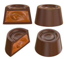 Chocolate pieces with caramel filling. Isolated on white background. Clipping path. Design element. 3d illustration.