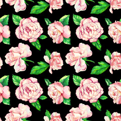 illustration of seamless pattern of tender pink roses with green leaves on black background