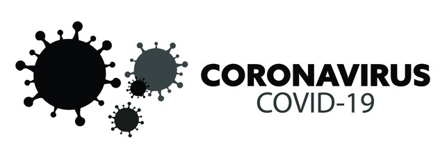 Vector of CORONAVIRUS COVID-19 with germs on left hand side in black and dark grey on white background. Global pandemic, sickness, infection.