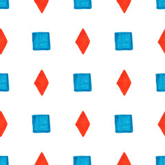 Geometric seamless pattern with small blue hand painted squares and red rhombuses on white background. For textile, print, etc.