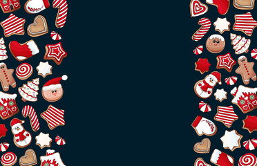 Fototapeta na wymiar Gingerbread cookies background. Christmas cookies banner. Many types christmas sweets. Happy New Year delicious pattern. Gingerbread house, gingerbread man cookies backdrop. Christmas glazed cookie wa