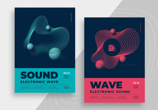 Sound Wave Music Posters Layout with Blue and Red Accent