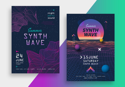 Summer Synth Wave Music Posters Layout with Neon Colors