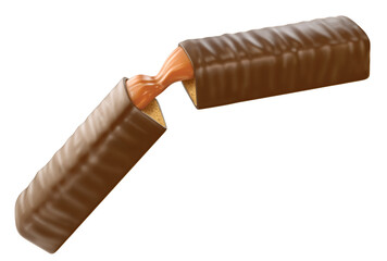 Chocolate bar broken with caramel filling. Isolated background. 3d illustration.