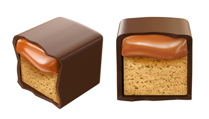 Chocolate bar with caramel filling. Isolated on white background. 3d illustration.