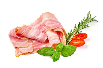 Fresh bacon slices, isolated on white background.