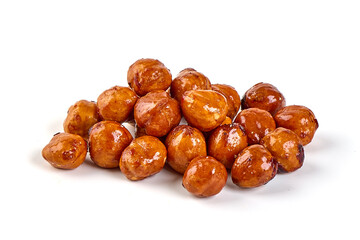 Roasted Hazelnuts with caramel, isolated on white background.