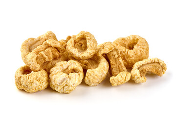 Pork snack, pork rind, pork scratching, pork crackling, isolated on white background.