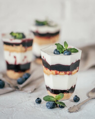 Homemade dessert with sour cream,chopped cookie and blackberry made in glasses on white background