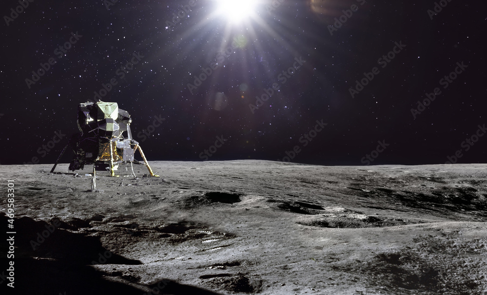 Poster Moon surface and stars with sunlight in outer space. Apollo Lunar module spaceship on surface of Moon. Artemis lunar space program. Elements of this image furnished by NASA