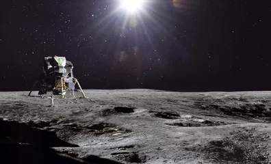 Fototapeten Moon surface and stars with sunlight in outer space. Apollo Lunar module spaceship on surface of Moon. Artemis lunar space program. Elements of this image furnished by NASA © dimazel
