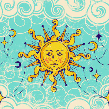 Vector celestial magic seamless pattern with sun, surreal sky, mystical moon, chinese clouds, stars. VintageTarot isoteric background for fabric, wallpaper, packaging, astrology, phone case, wrapping 