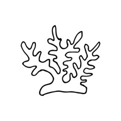 Doodle style sea coral reef. Invertebrates are an animal of the seabed. Coral polyp skeleton. Aquarium decor. Algae of the ocean. Hand drawn thin line art vector illustration. Isolated simple element.