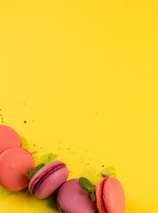 Sweet almond pink macarons decorated with mint leaves and isolated below on bright yellow background