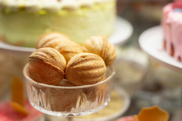 Homemade Russian cookies background with copy space. Ukrainian soviet food. Sweet pastry wafers. 