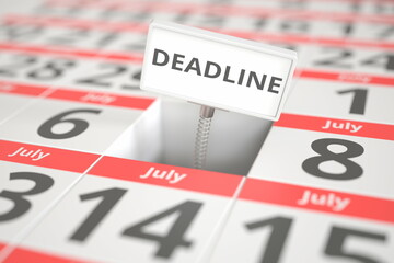 DEADLINE plate on July 7 in a calendar, 3d rendering