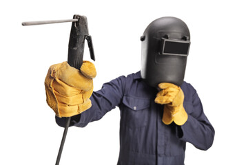 Welder with a face shield using a welding machine