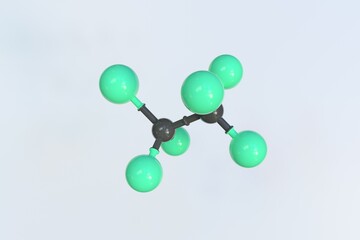 Chloropentafluoroethane molecule made with balls, scientific molecular model. 3D rendering