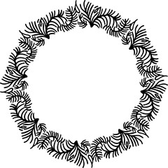 Silhouettes of Christmas wreaths. Round frames. Sublimation of fir branches, snowflakes and tinsel. Christmas decorations for postcards and invitations. Black silhouettes, ornaments in a circle