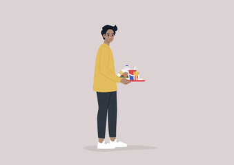 A young male Caucasian character holding a tray with fast food, a cheeseburger in a paper box, water in a plastic bottle, a glass of soda, french fries in a striped container, and sauce