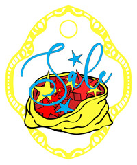 Christmas tag, label. For a discount or sale. Colorful ornament with a pattern in the center. New Year's illustration. The inscription sale. Yellow bag with star gifts. Oval, teardrop-shaped frame