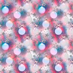 Obraz na płótnie Canvas Christmas pattern. Repetitive, seamless pattern. Purple, blue colors. Scrapbooking. Christmas decorations, balls with bows. Silver snowflakes. Purple Winter ornament. Packaging design.
