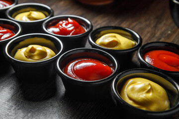 Small cups with ketchup and mustard stand in a row on the table.