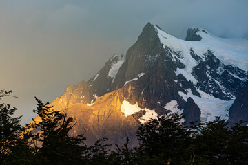 Last sun rays fall on the mountains, Torres del Paine National Park, Chile
