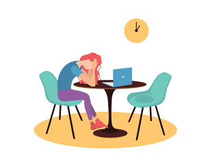 Vector illustration in flat style. A woman is sitting at a table opposite a laptop. Problems with working online. Depressed state from being at home. A lonely woman procrastinates at the computer.