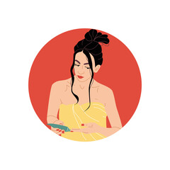 Illustration with a young woman in a towel. The girl squeezes out the cream. Vector drawn in a flat style. Woman's morning routine. Self-love and morning routine. The girl in the robe.