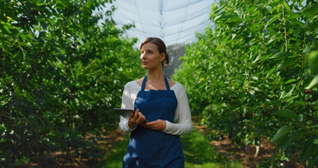 Woman agronomist checking production with tablet on in green eco farm concept