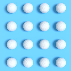 Set of golf ball lying in row on blue background