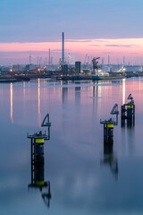 View of the port of Rotterdam during a pink sunset 